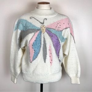 Vintage Butterfly Sweater Pastel Embellished Medium